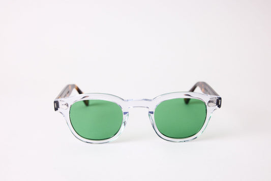 Small - NEW YORK EYERISH, Causeway. Clear Frame with Dark Tortoise Temples with Racing Green Lenses