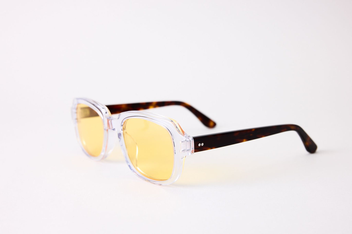 Small - NEW YORK EYERISH, "The Downings." Clear Frame with Dark Tortoise Temples with Yellow Lenses