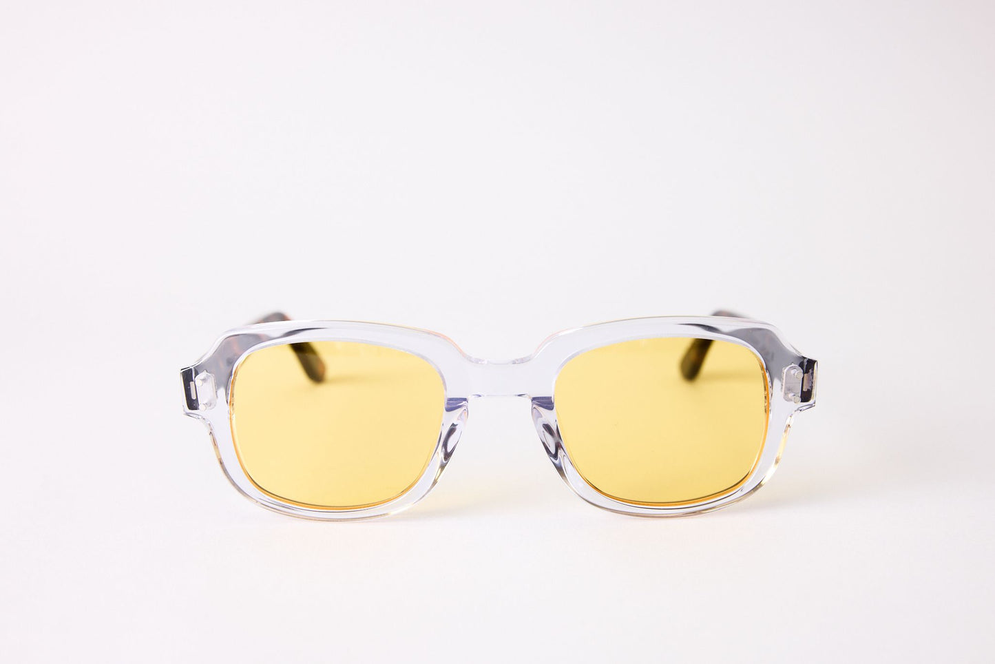 Small - NEW YORK EYERISH, "The Downings." Clear Frame with Dark Tortoise Temples with Yellow Lenses