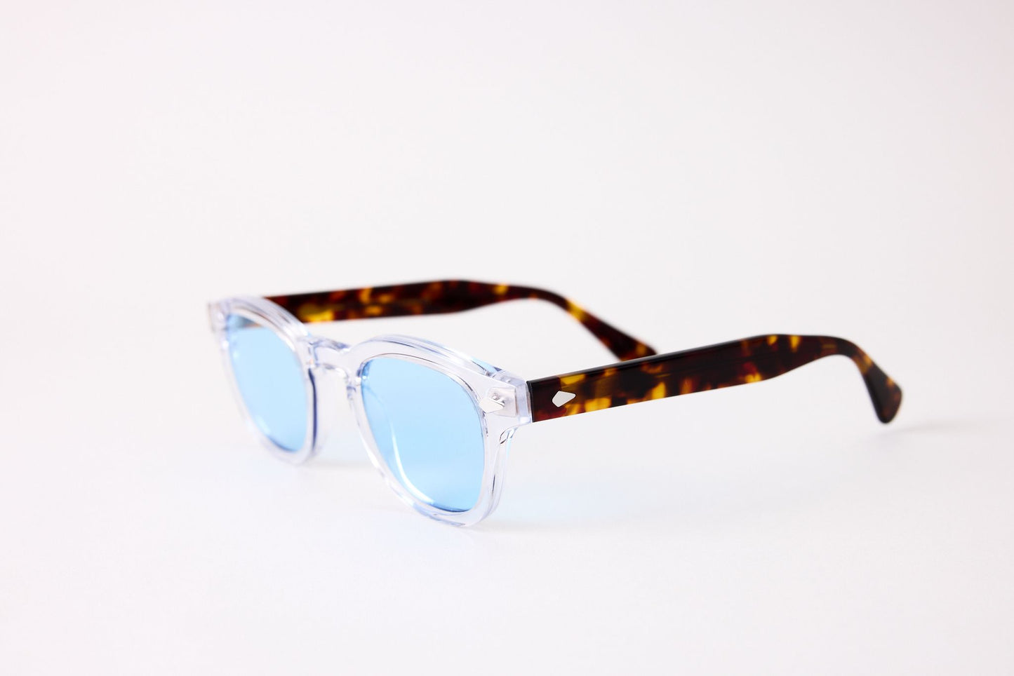 Small - NEW YORK EYERISH, Causeway. Clear Frames with Dark Tortoise Temples with Light Blue Lenses