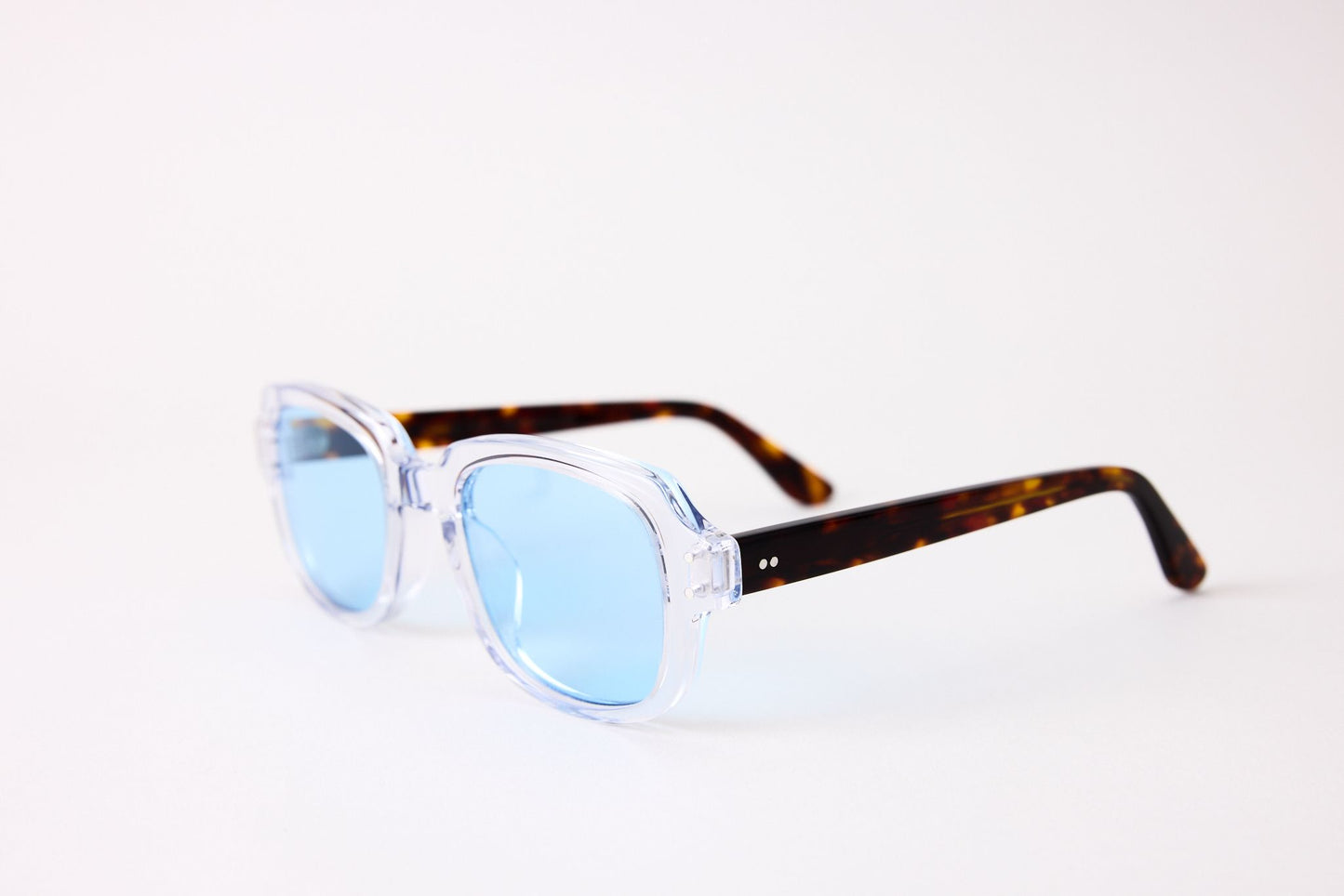Small - NEW YORK EYERISH, "The Downings." Clear Frame with Dark Tortoise Temples with Baby Blue Lenses