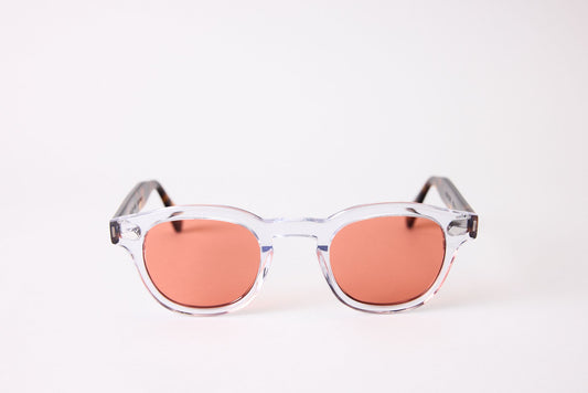 Small - NEW YORK EYERISH, Causeway. Clear Frame with Dark Tortoise Temples with Red Lenses