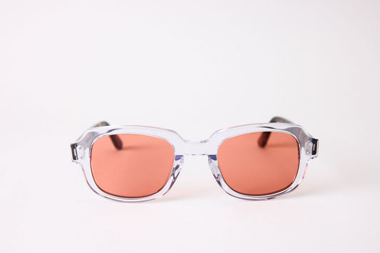 Small - NEW YORK EYERISH, "The Downings." Clear Frame with Dark Tortoise Temples with Red Lenses