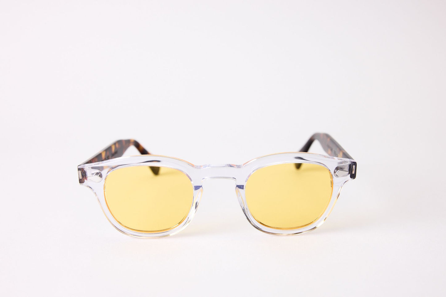Small - NEW YORK EYERISH, Causeway. Clear Frame with Dark Tortoise Temples with Yellow Lenses