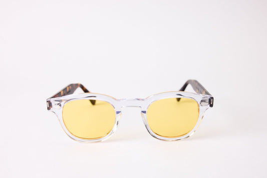 Small - NEW YORK EYERISH, Causeway. Clear Frame with Dark Tortoise Temples with Yellow Lenses