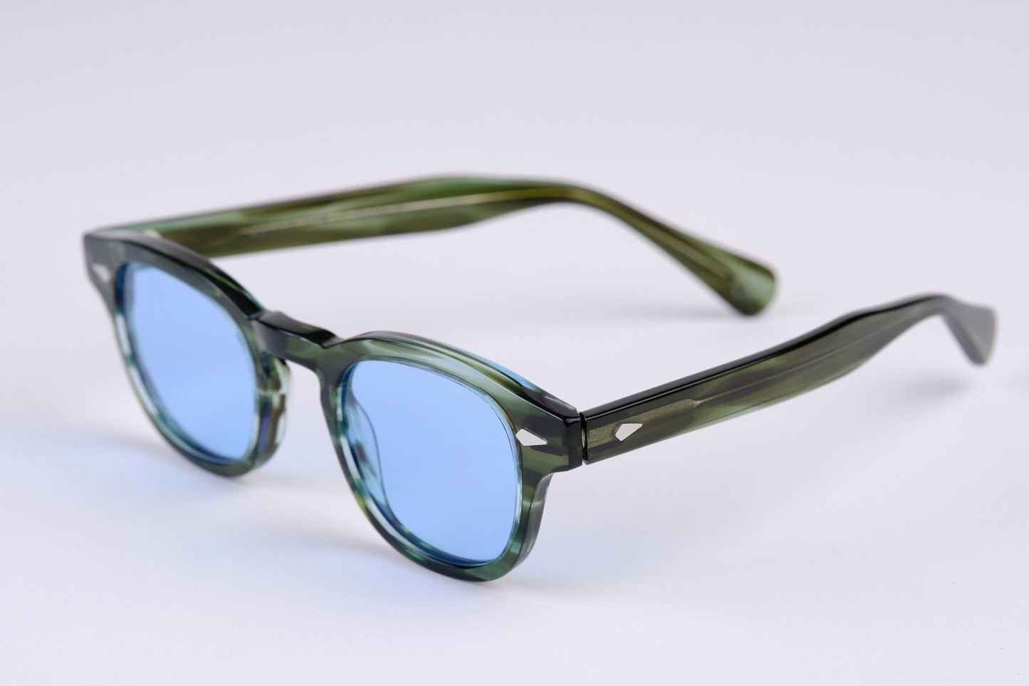 Small - NEW YORK EYERISH, Causeway. Green Tortoise Shell Frame with Baby Blue Lenses