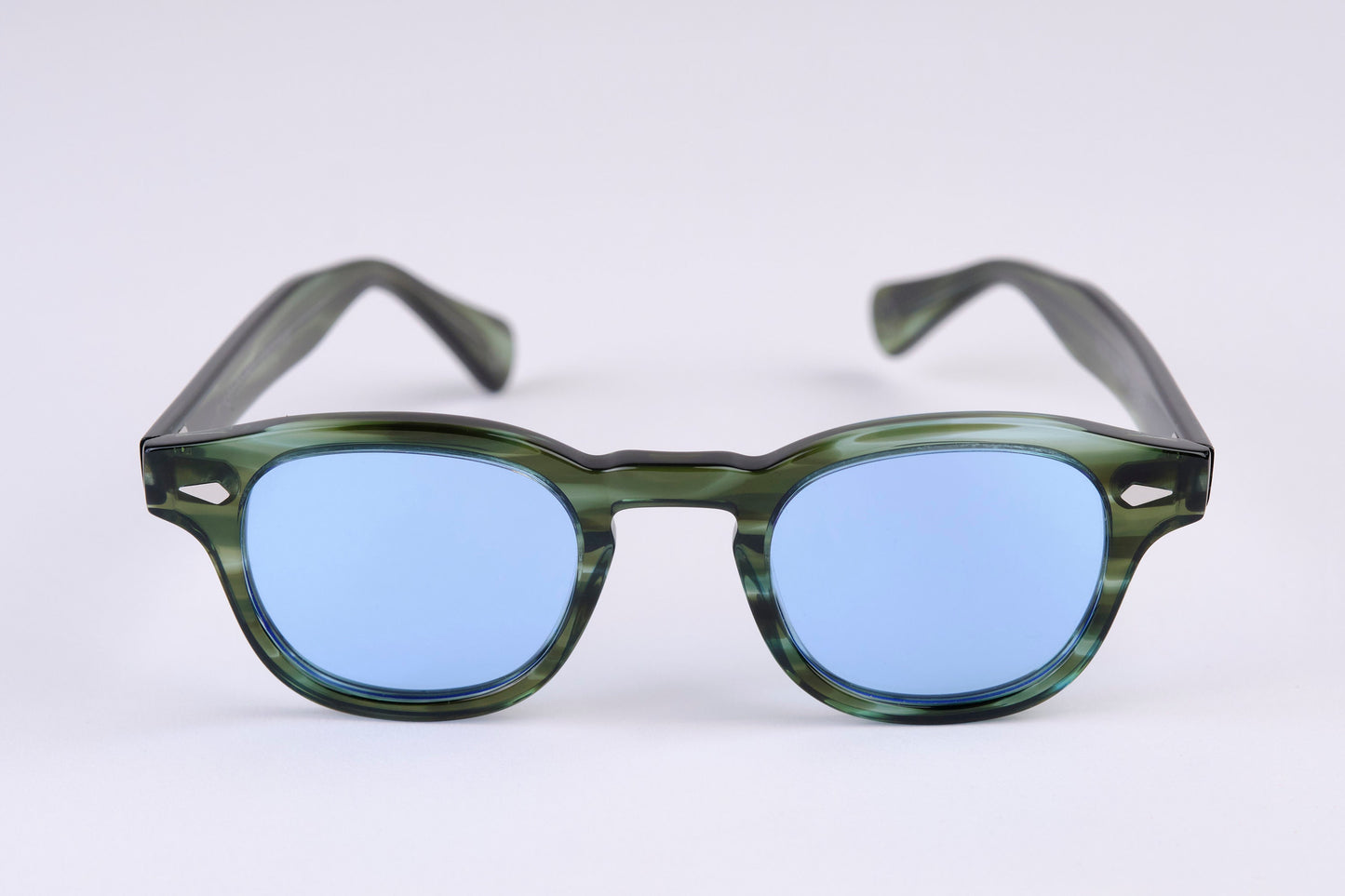 Small - NEW YORK EYERISH, Causeway. Green Tortoise Shell Frame with Baby Blue Lenses