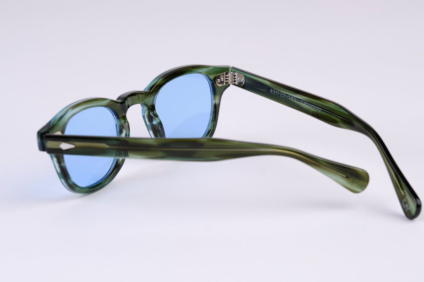 Small - NEW YORK EYERISH, Causeway. Green Tortoise Shell Frame with Baby Blue Lenses
