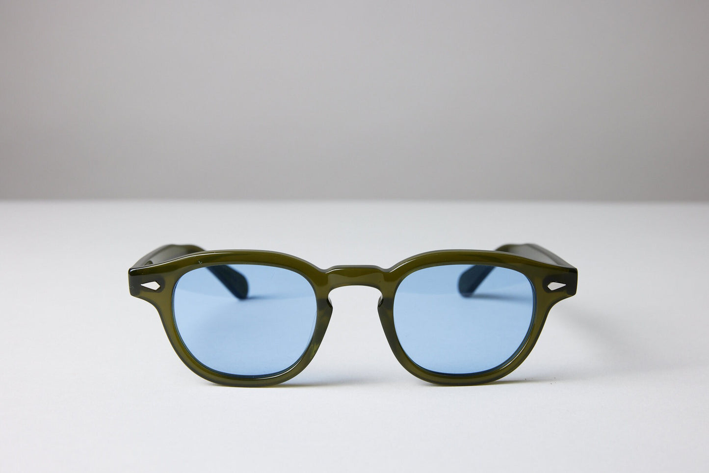 Large - NEW YORK EYERISH, Causeway. Olive Green Frame with Baby Blue Lenses