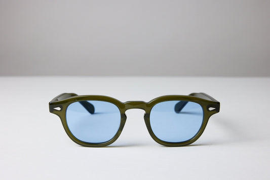 Large - NEW YORK EYERISH, Causeway. Olive Green Frame with Baby Blue Lenses