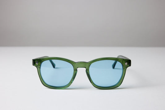 NEW YORK EYERISH, Castlerock. Bottle Green Frame with Baby Blue Lenses